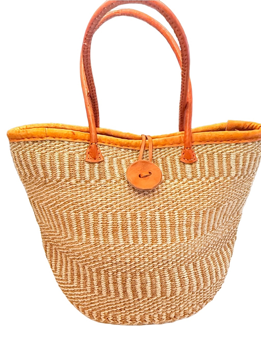 Handwoven Women’s Sisal Market Bag W/ Leather Handles & Trim EUC